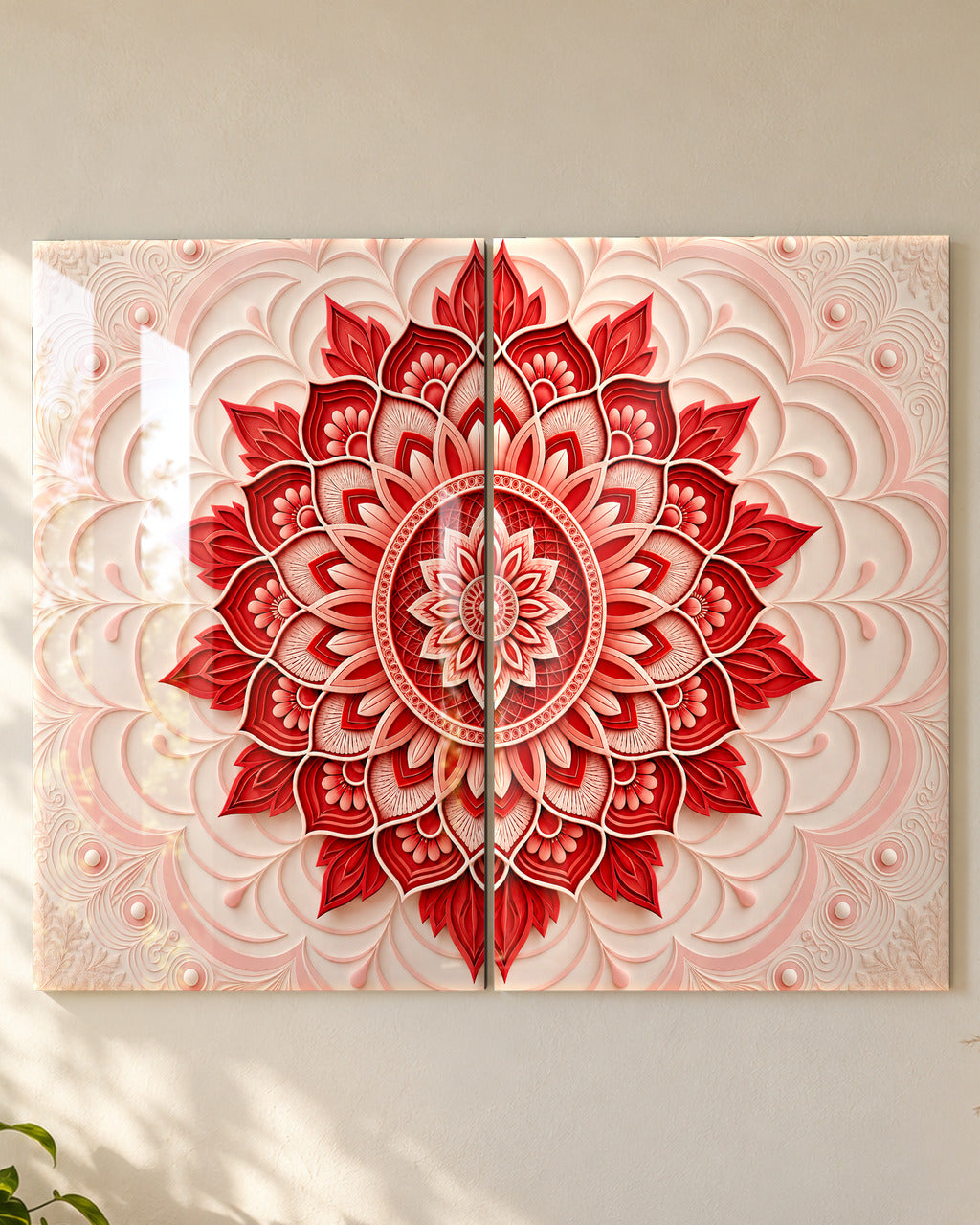 Paper-Cut Mandala set of 2 in Ruby & Ivory, acrylic, close-up of both panels