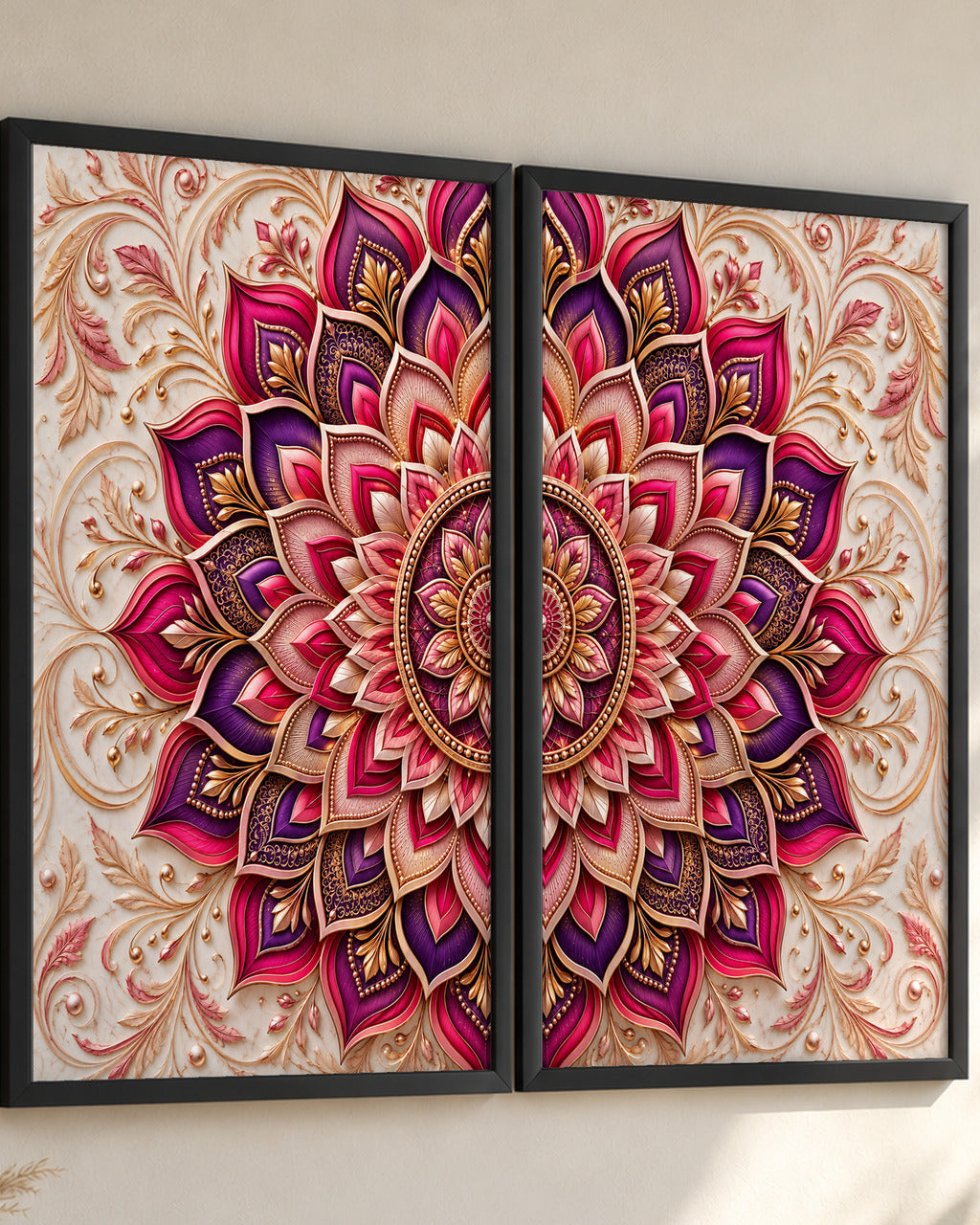 Paper-Cut Mandala set of 2 in Magenta & Plum, black frames, close-up from the side