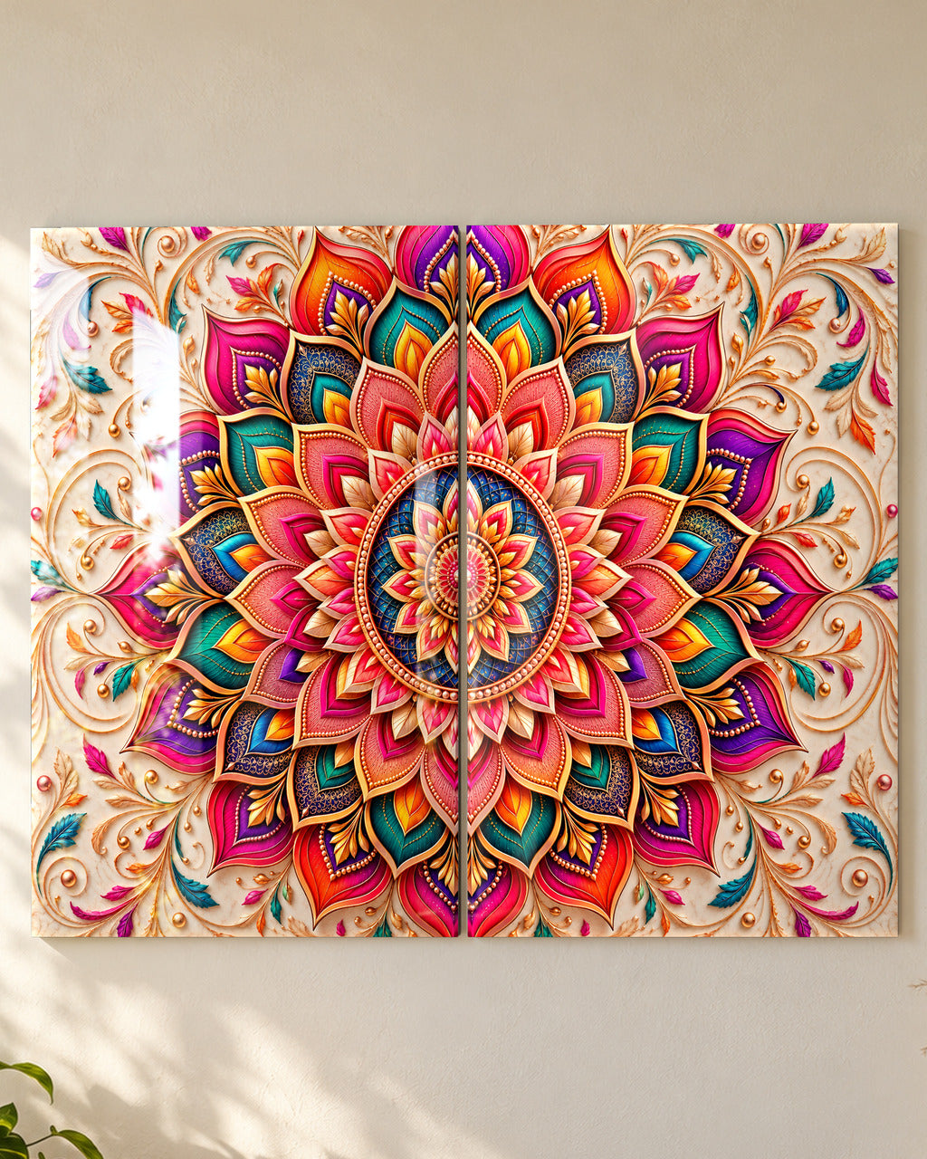Paper-Cut Mandala set of 2 in Rainbow Jewel, acrylic, close-up of both panels