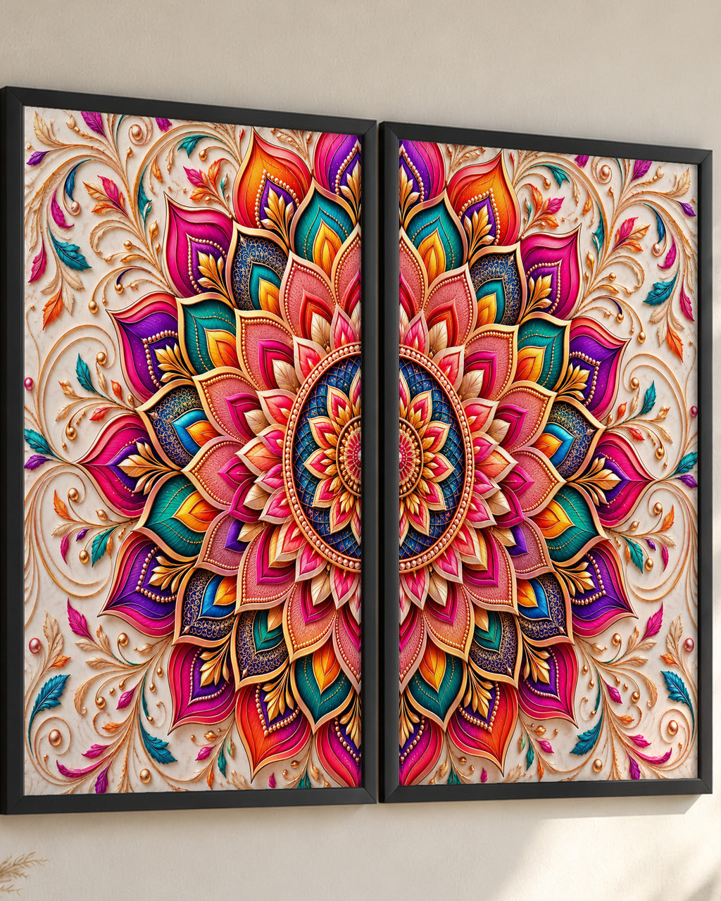 Paper-Cut Mandala set of 2 in Rainbow Jewel, black frames, close-up from the side