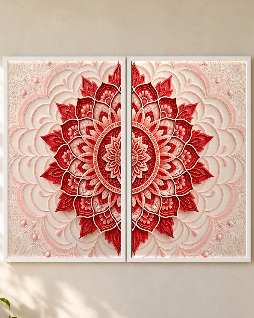 Paper-Cut Mandala set of 2 in Ruby & Ivory, white frames, close-up of both panels
