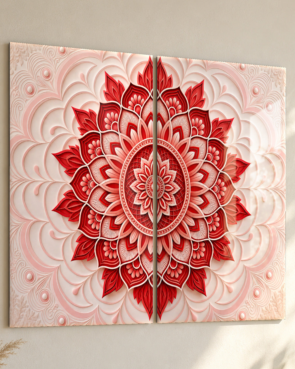 Paper-Cut Mandala set of 2 in Ruby & Ivory, metal, close-up from the side