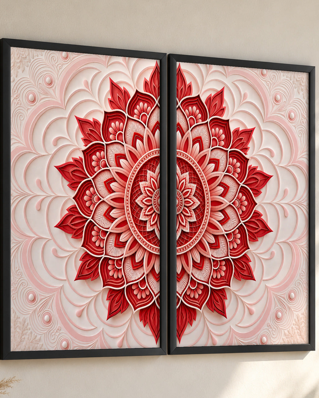 Paper-Cut Mandala set of 2 in Ruby & Ivory, black frames, close-up from the side