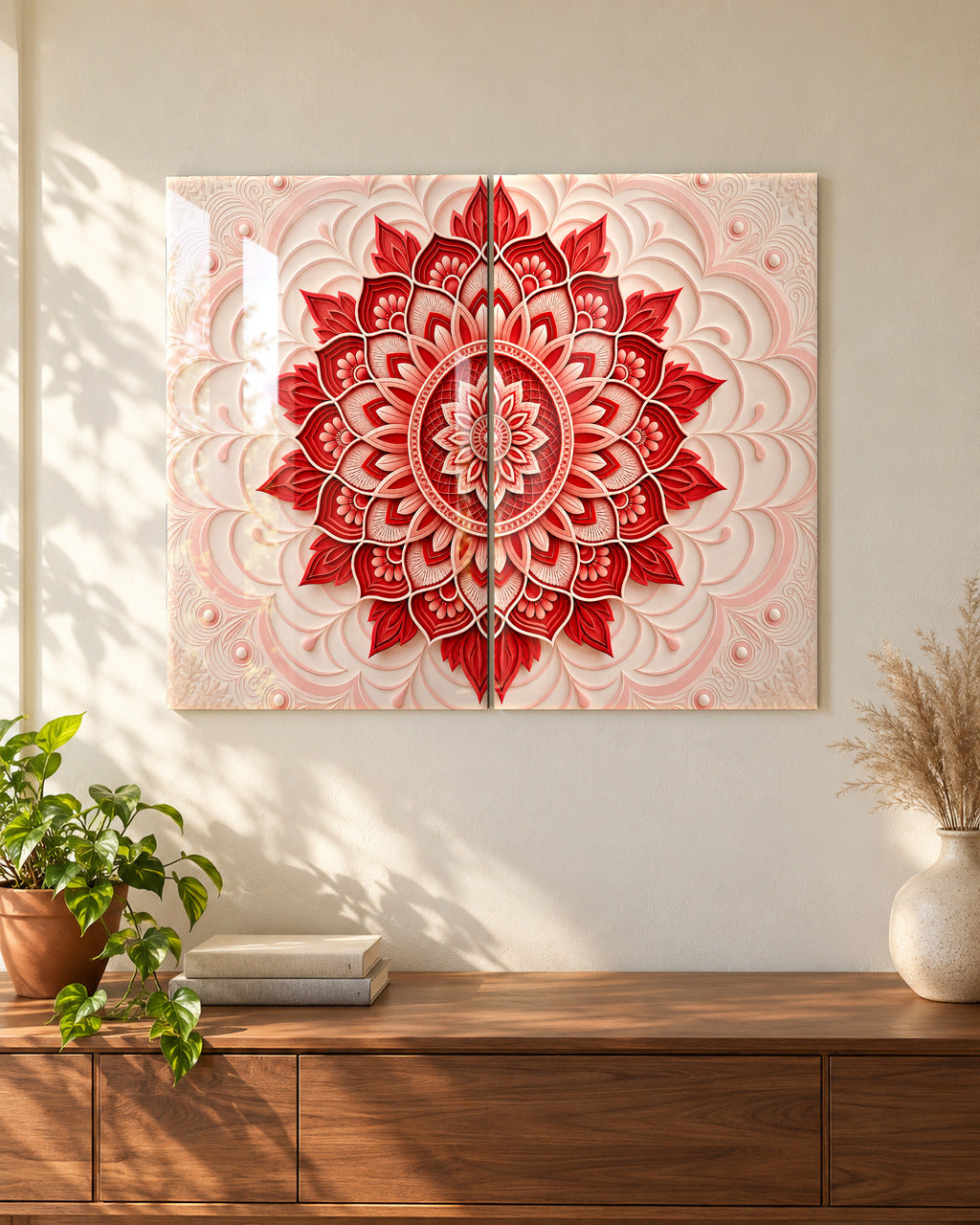 Paper-Cut Mandala set of 2 in Ruby & Ivory, acrylic, above a walnut console in a sunlit living room