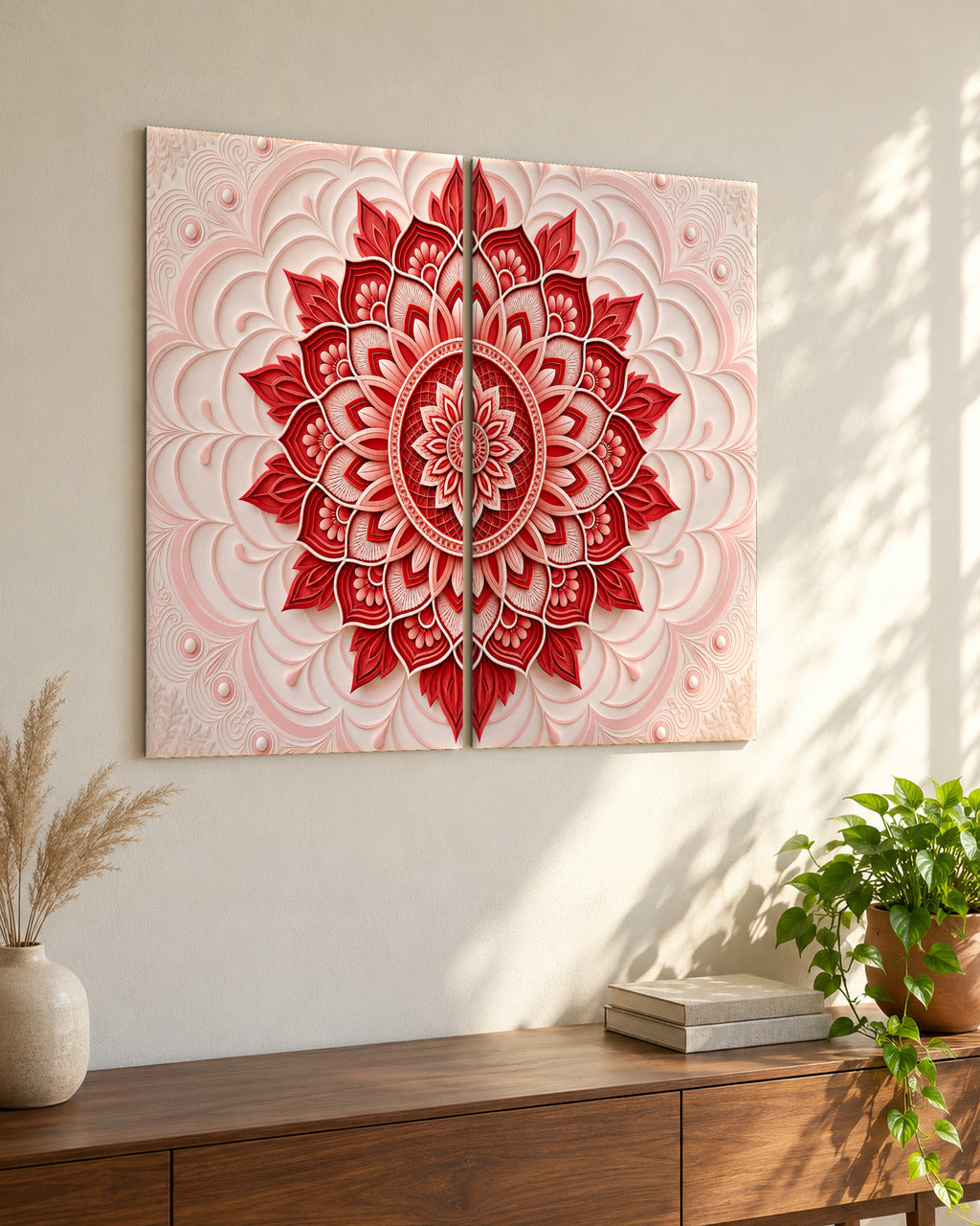 Paper-Cut Mandala set of 2 in Ruby & Ivory, unframed posters on a sunlit living-room wall