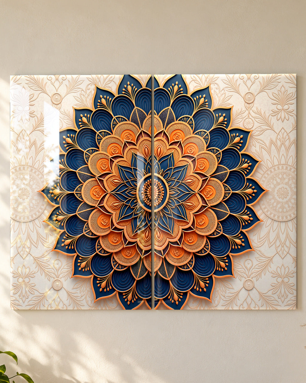 Paper-Cut Mandala set of 2 in Navy & Copper, acrylic, close-up of both panels