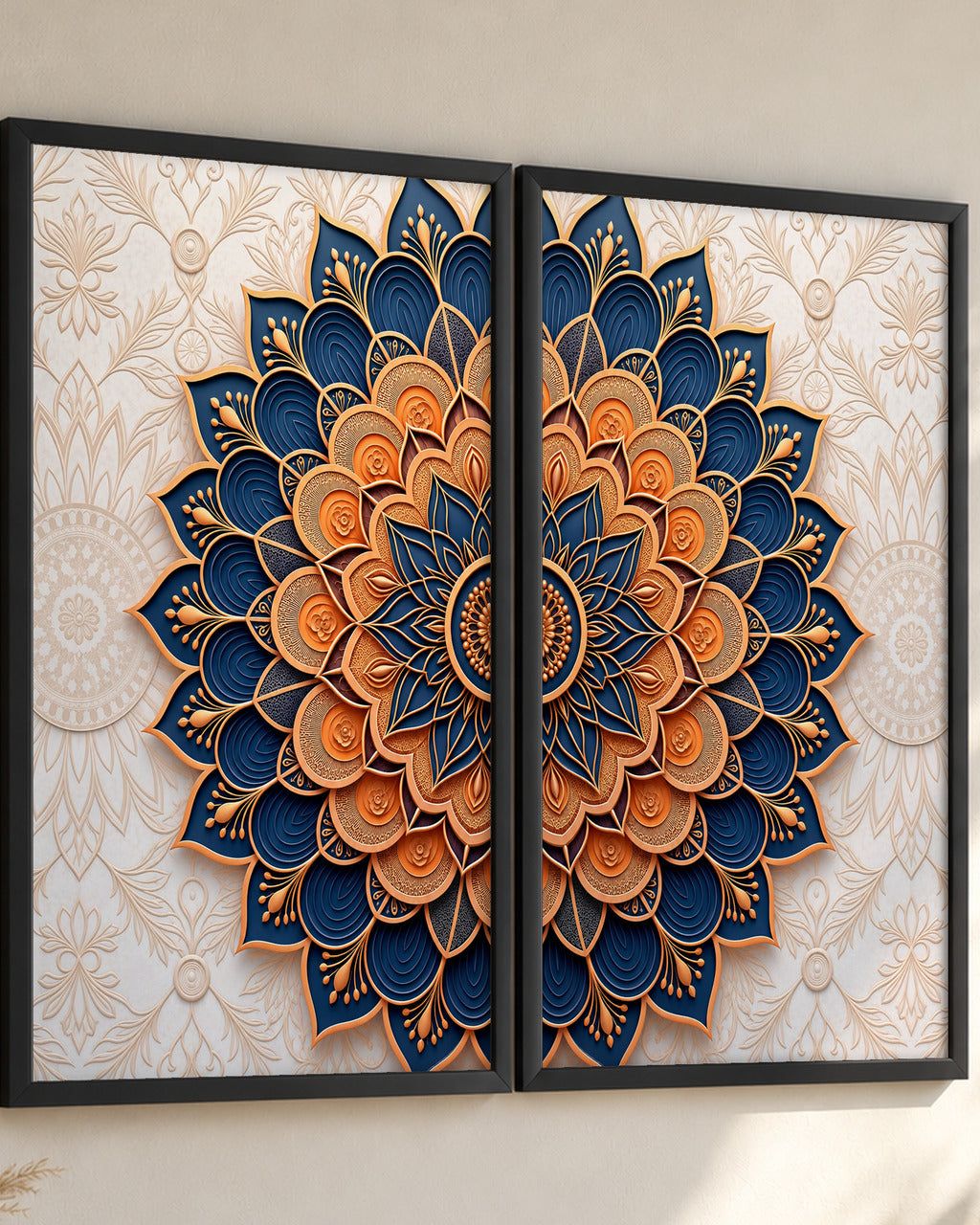 Paper-Cut Mandala set of 2 in Navy & Copper, black frames, close-up from the side
