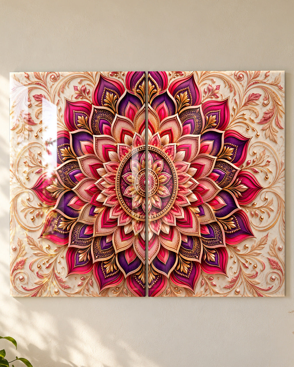 Paper-Cut Mandala set of 2 in Magenta & Plum, acrylic, close-up of both panels