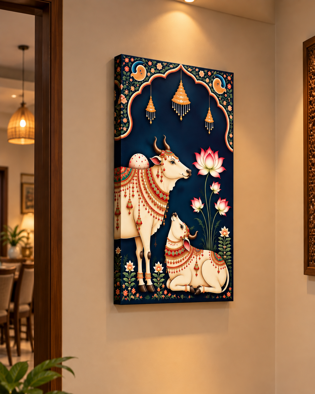 Pichwai Cow and Calf canvas on a warm hallway wall beside a doorway