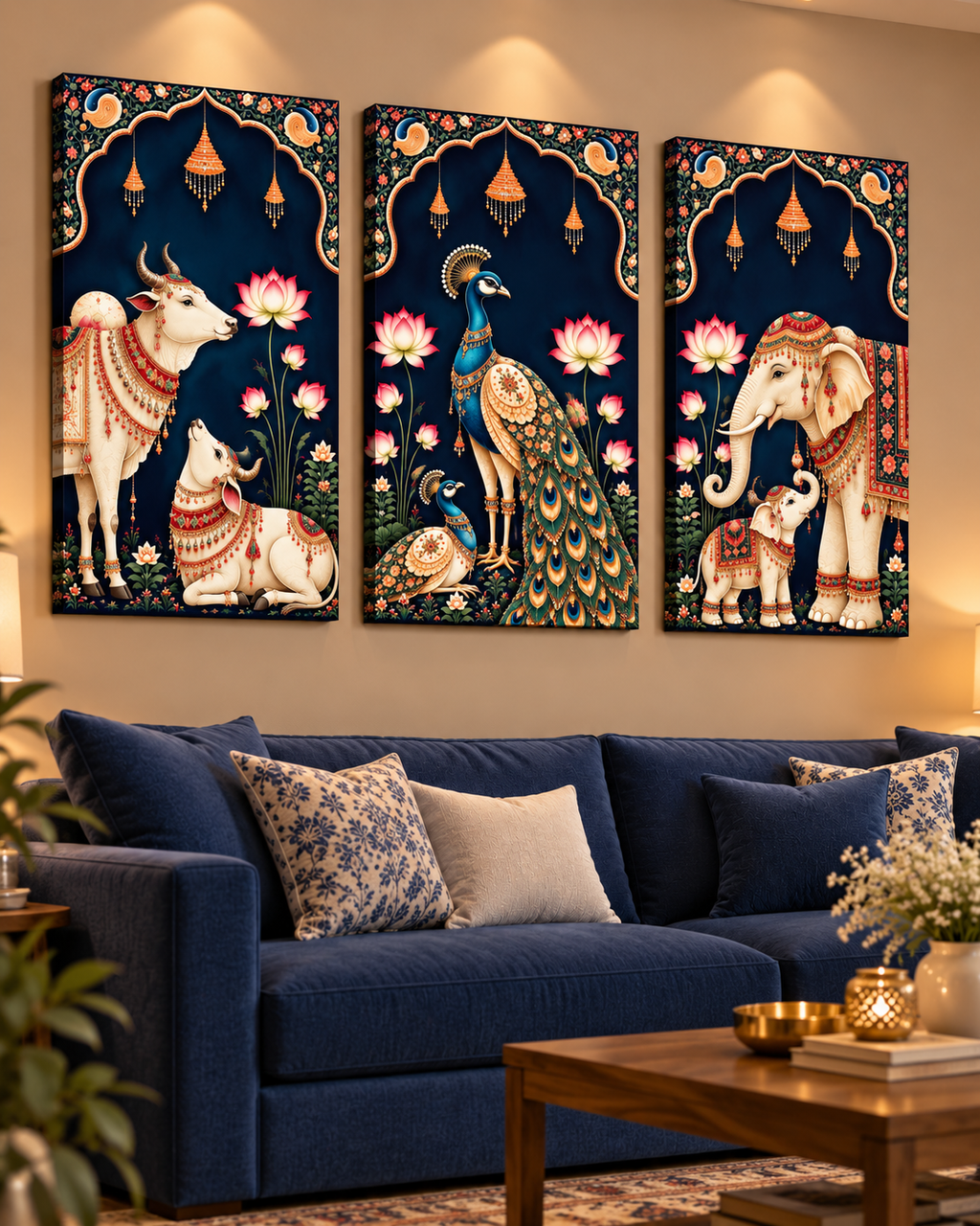 Pichwai Cow, Peacock and Elephant canvas set of three above a navy sofa in a warm living room