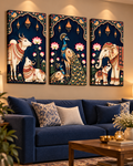 Pichwai Cow, Peacock and Elephant canvas set of three above a navy sofa in a warm living room