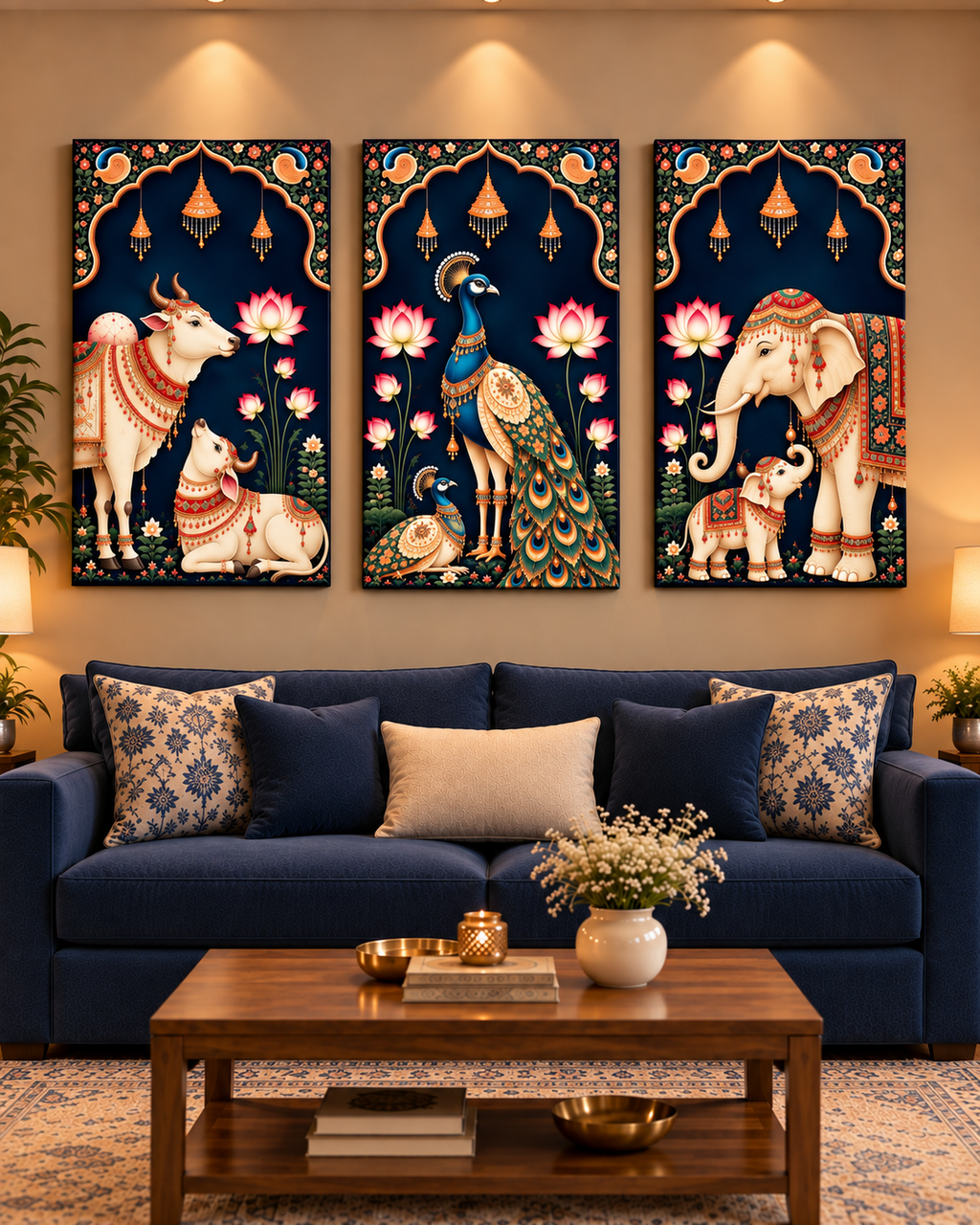 Pichwai canvas set of three, cow, peacock and elephant, hung in a row over a navy sofa