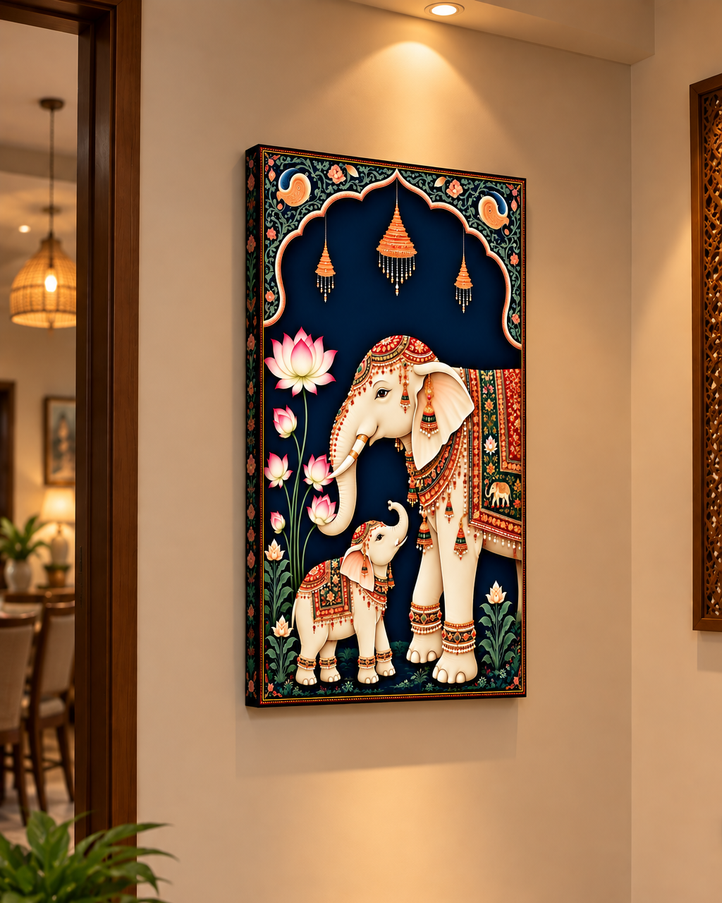 Pichwai Elephant and Calf canvas on a warm foyer wall beside a doorway