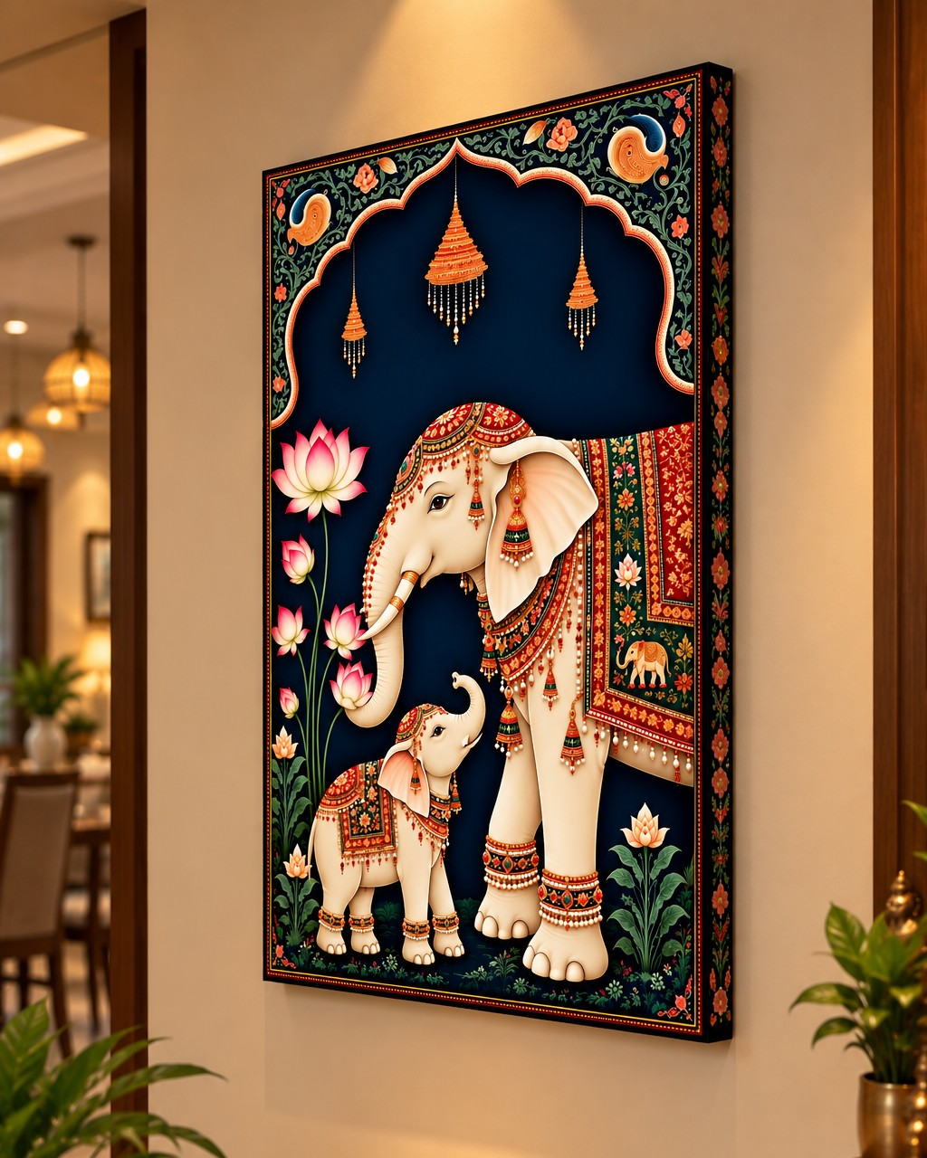 Pichwai Elephant and Calf canvas in a softly lit foyer with brass planters