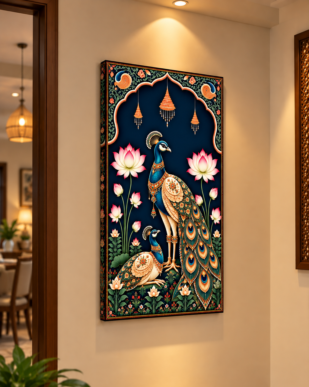 Pichwai Peacock Pair canvas on a warm hallway wall beside a doorway