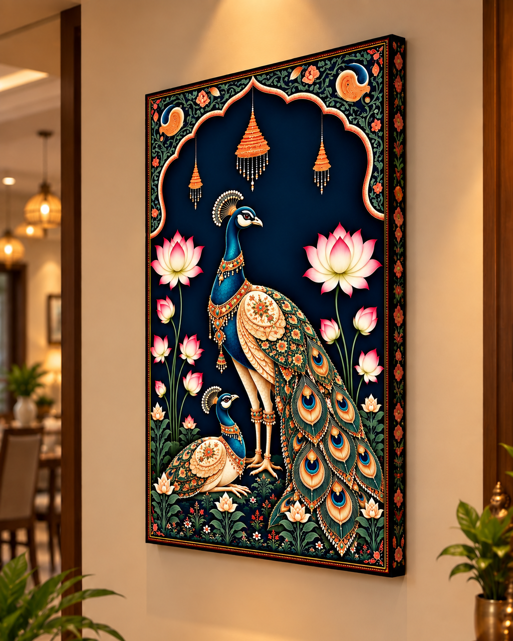 Pichwai Peacock Pair canvas above a wooden console in a lit hallway