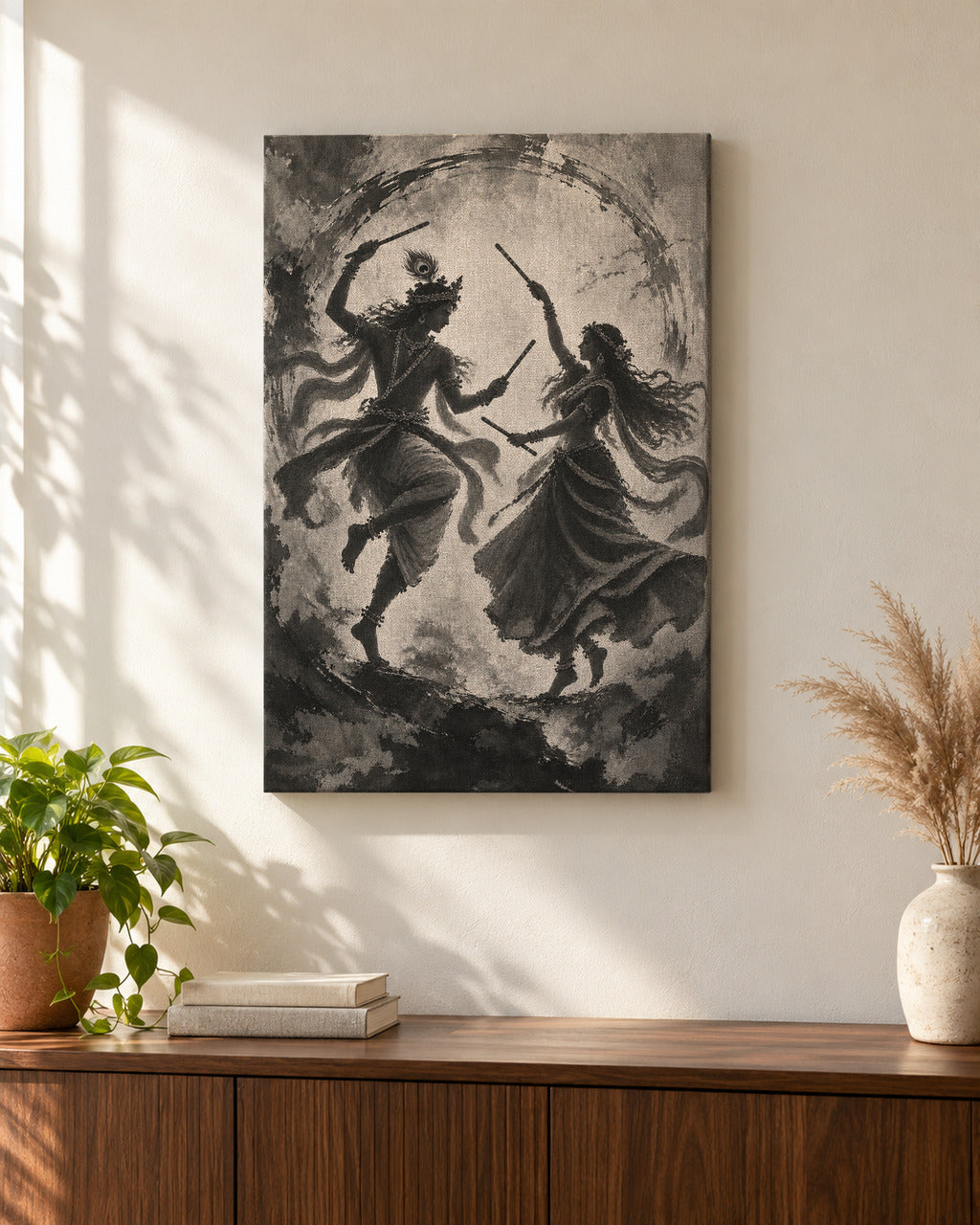 Raas Leela Radha Krishna canvas above a walnut console in a sunlit living room