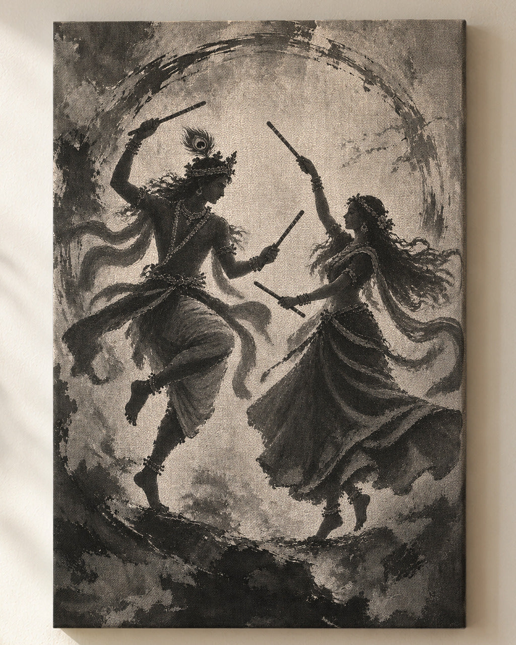 Raas Leela Radha Krishna canvas, close view of the ink wash on the canvas weave