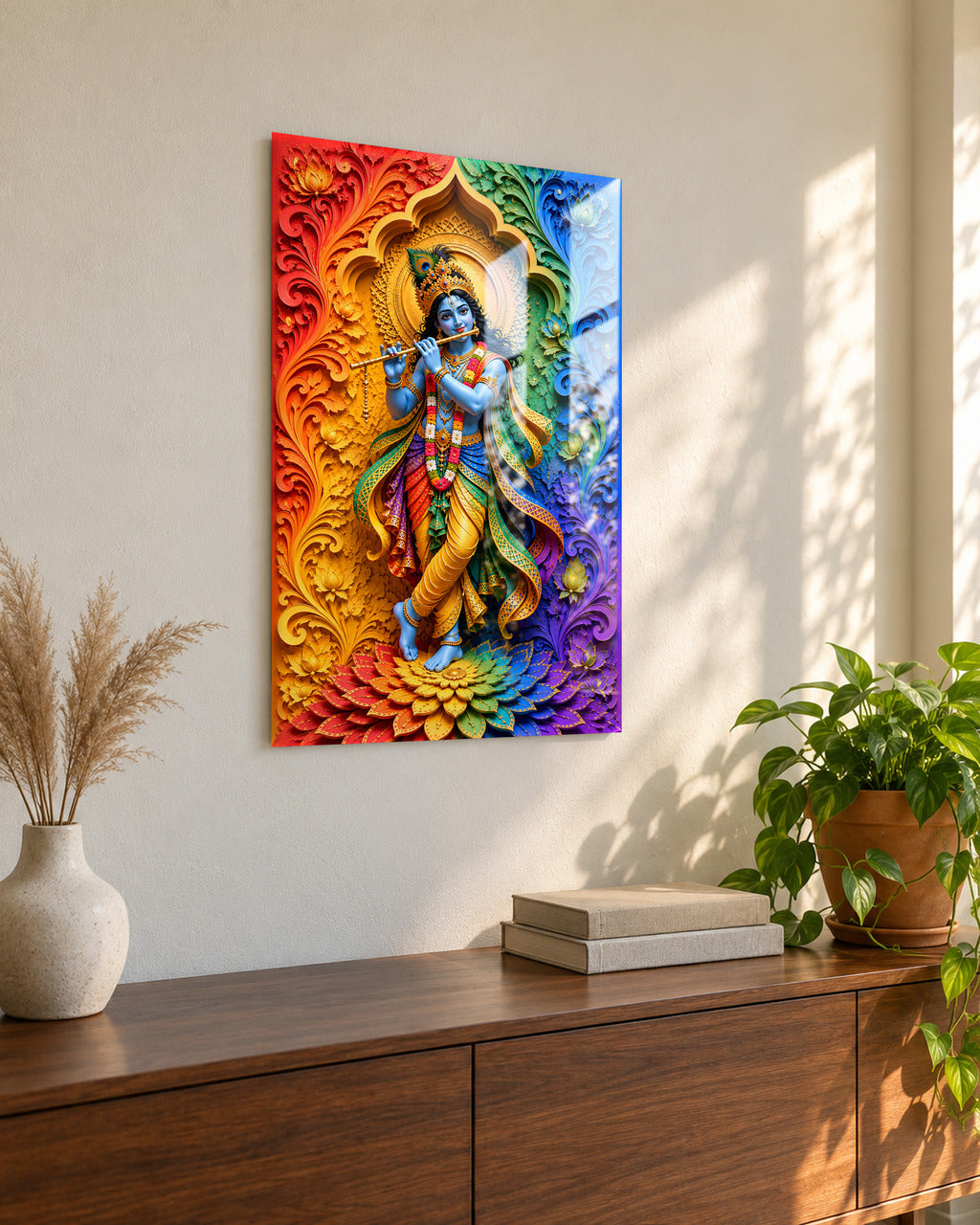 Rainbow Murlidhar Krishna acrylic wall art, seen from the side in a living room