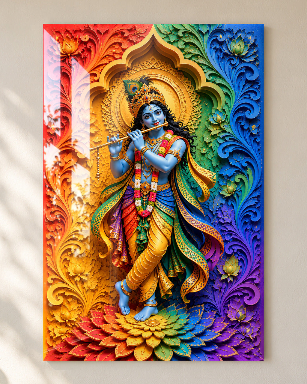Rainbow Murlidhar Krishna acrylic wall art, close-up