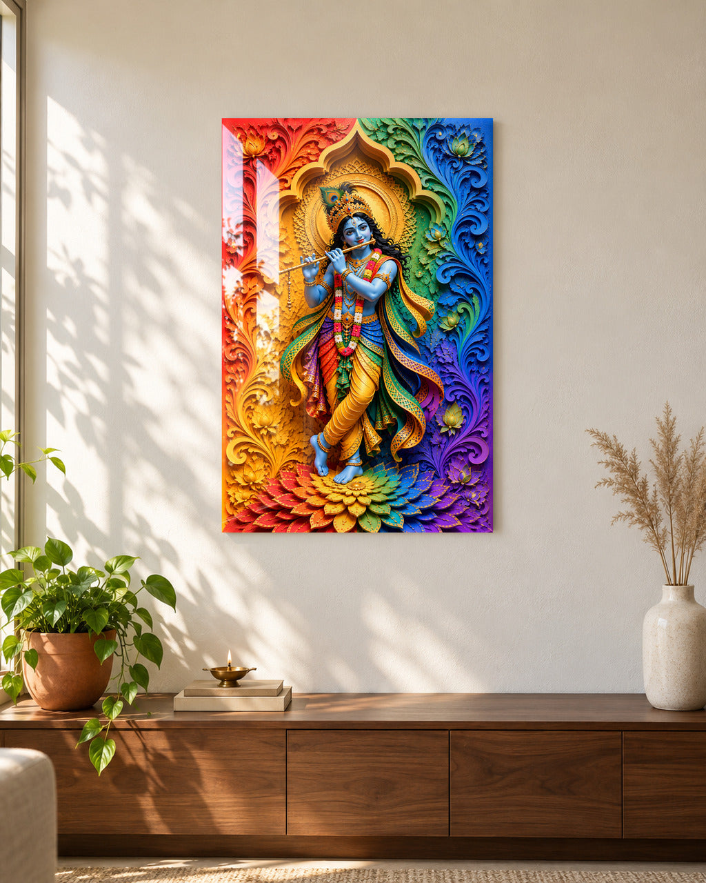 Rainbow Murlidhar Krishna acrylic wall art, on a sunlit living-room wall above a console