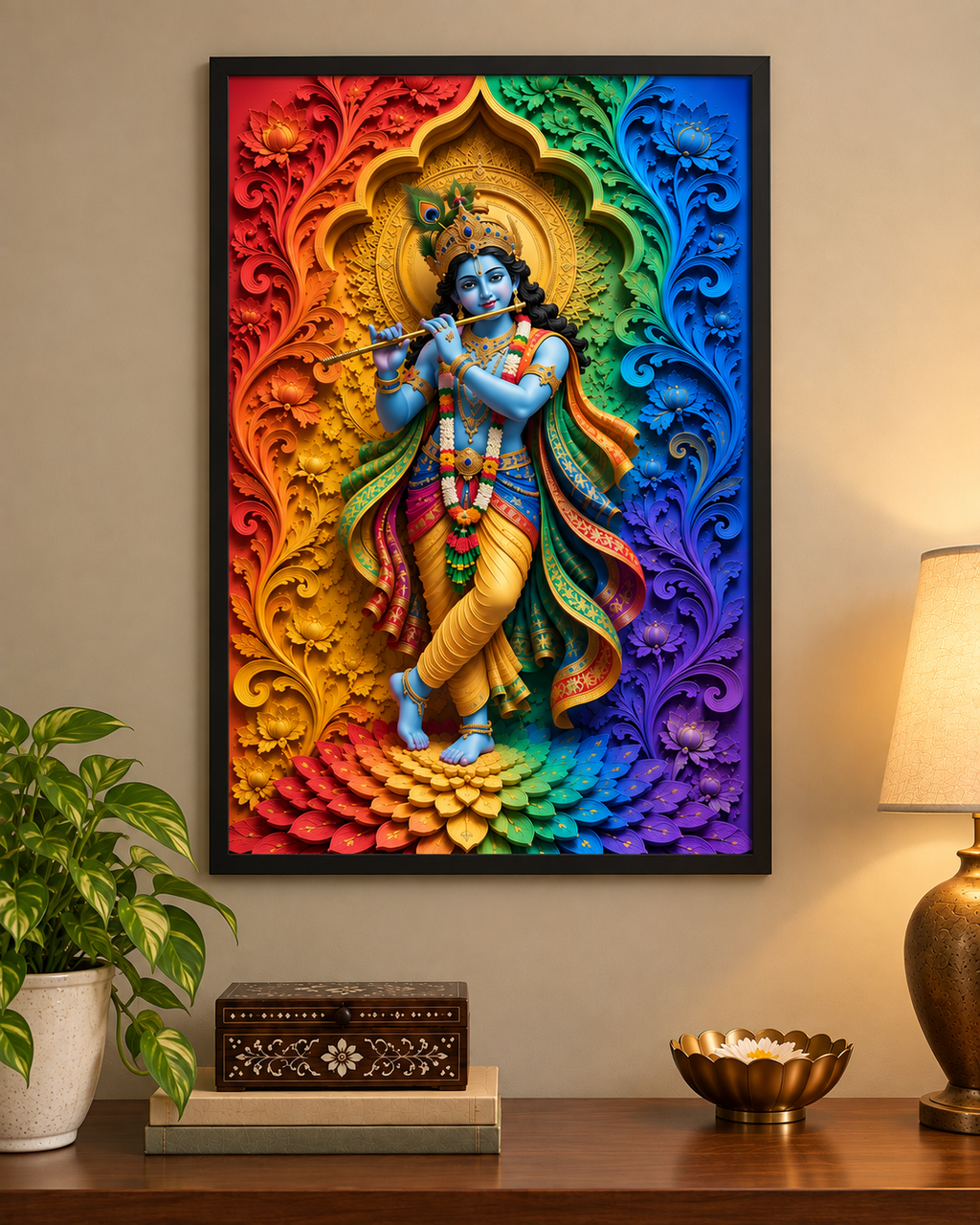Rainbow Murlidhar Krishna poster in a black frame