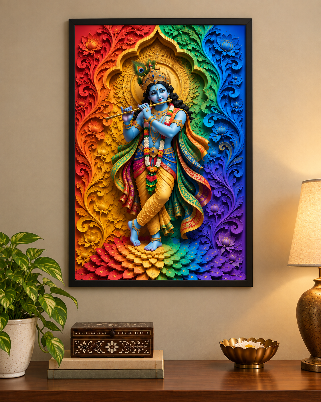 Rainbow Murlidhar Krishna poster in a black frame