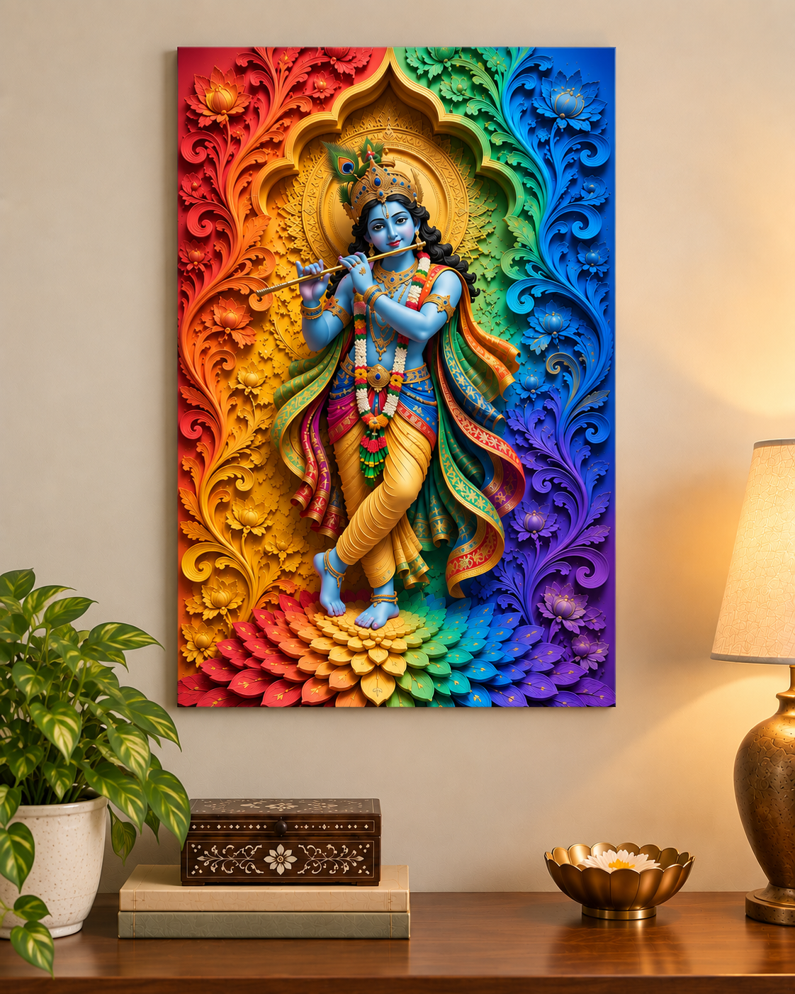 Rainbow Murlidhar Krishna unframed poster on a wall