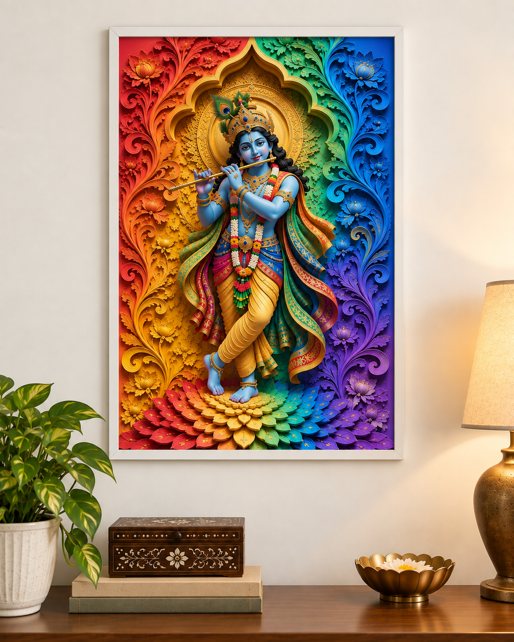 Rainbow Murlidhar Krishna poster in a white frame