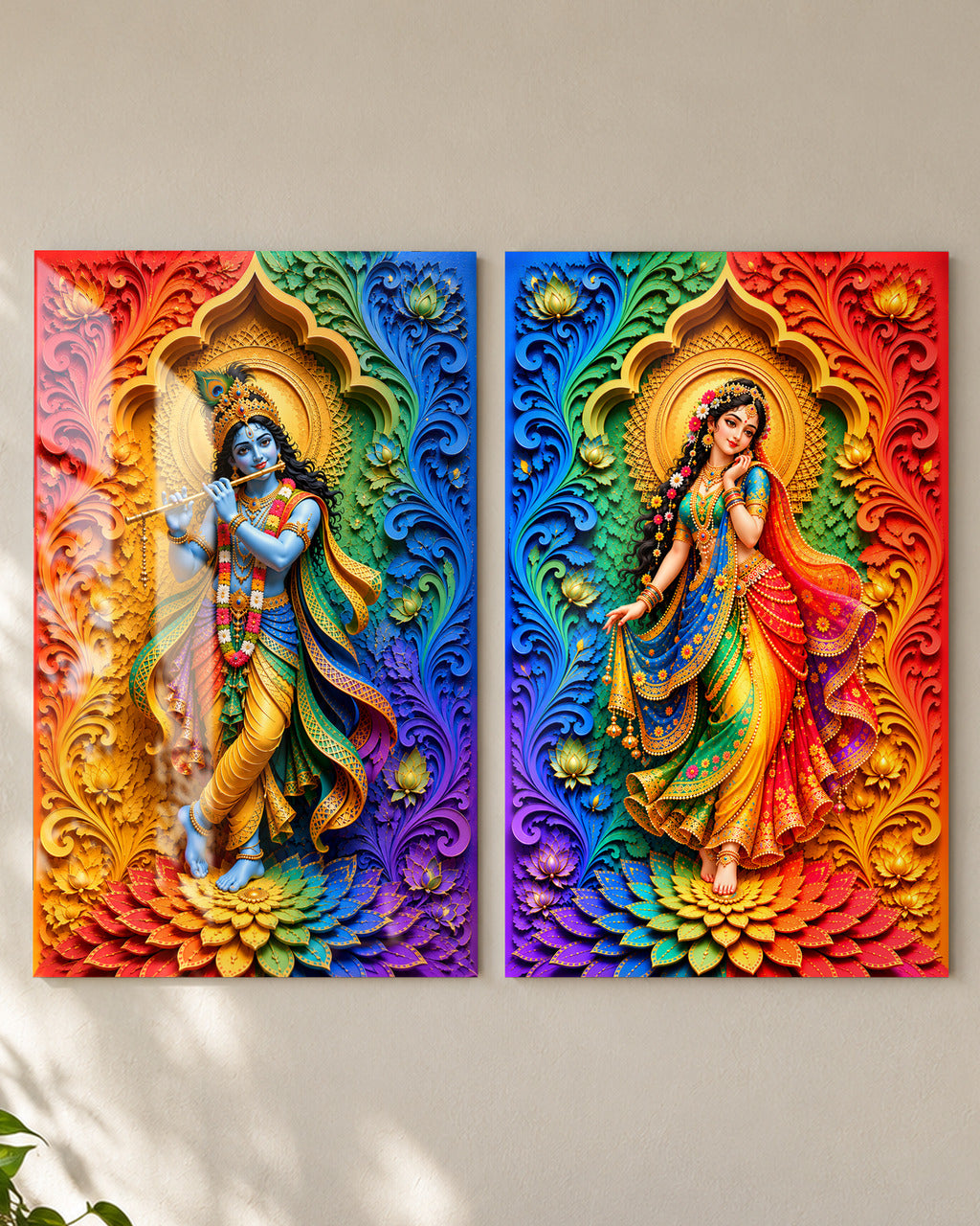 Rainbow Radha Krishna set of 2 acrylic wall art, close-up of both panels