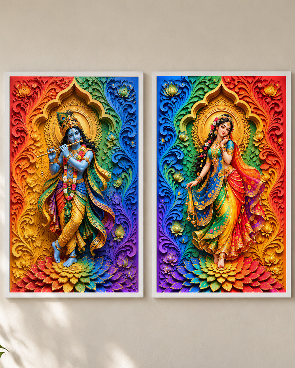 Rainbow Radha Krishna set of 2 in white frames, close-up of both panels