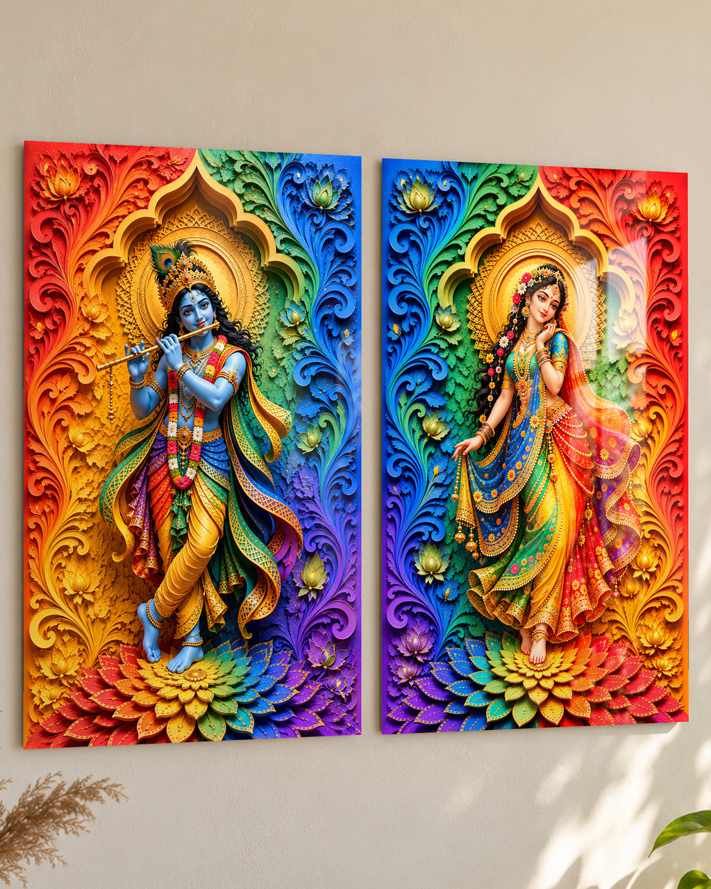 Rainbow Radha Krishna set of 2 metal wall art, close-up from the side