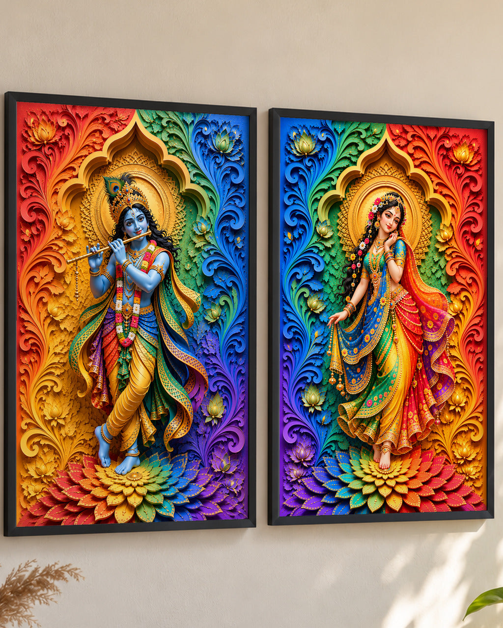 Rainbow Radha Krishna set of 2 in black frames, close-up from the side