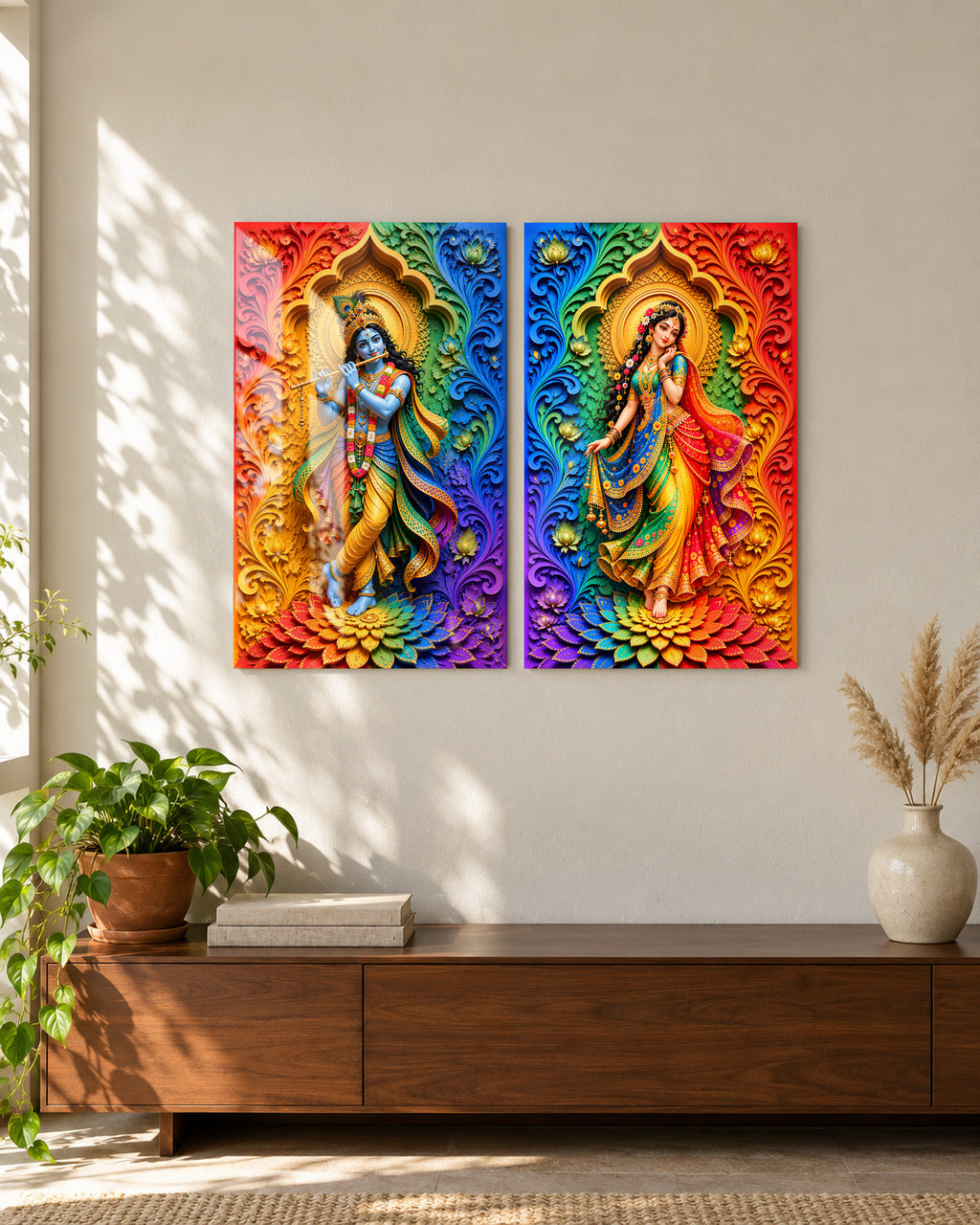 Rainbow Radha Krishna set of 2 acrylic panels above a walnut console in a sunlit living room