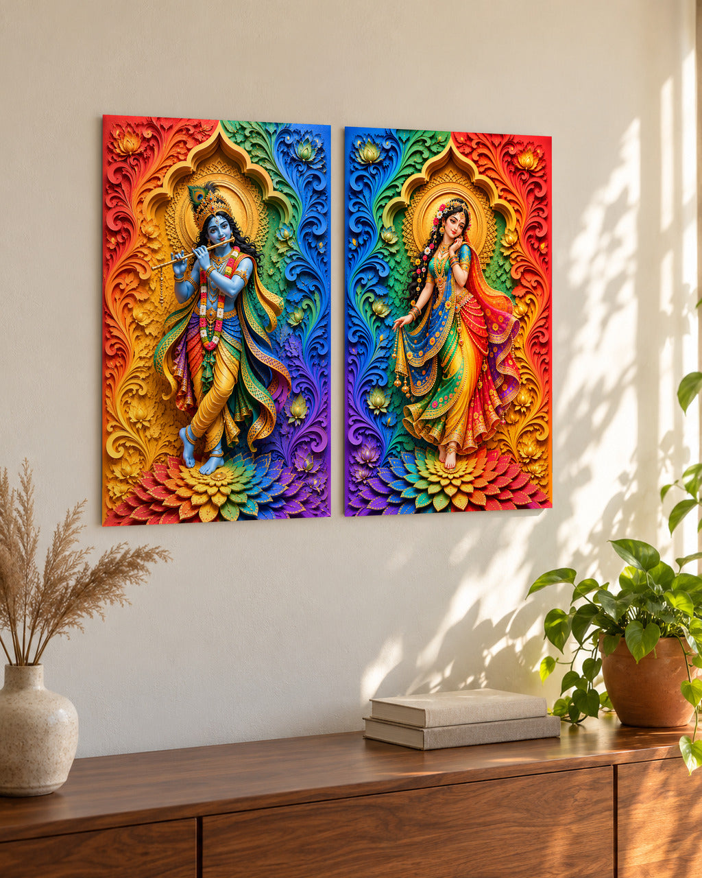 Rainbow Radha Krishna set of 2 unframed posters on a sunlit living-room wall