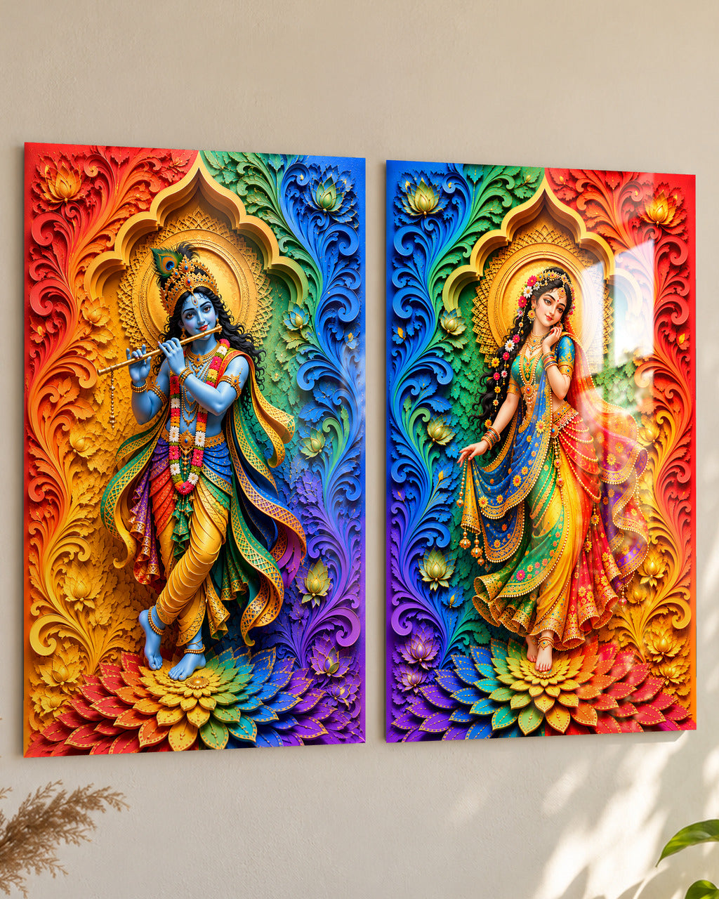 Rainbow Radha Krishna set of 2 acrylic wall art, close-up from the side
