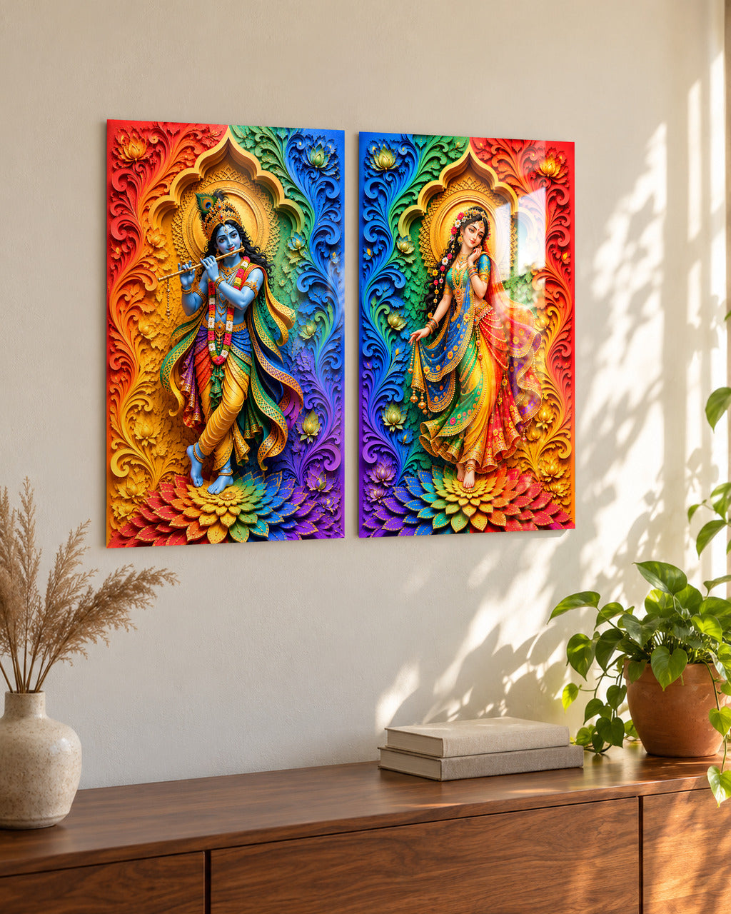 Rainbow Radha Krishna set of 2 acrylic wall art, seen from the side in a living room