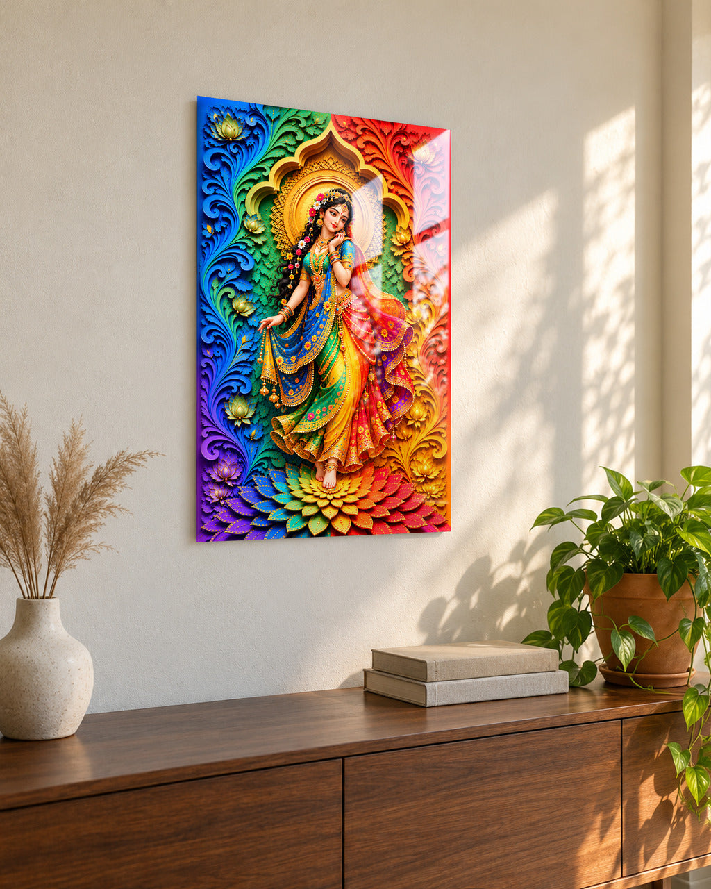 Rainbow Radha acrylic wall art, seen from the side in a living room