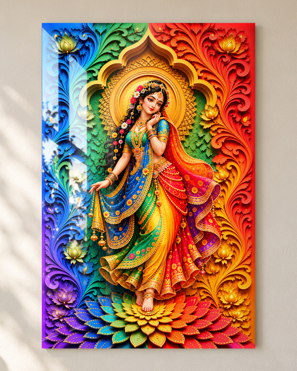 Rainbow Radha acrylic wall art, close-up