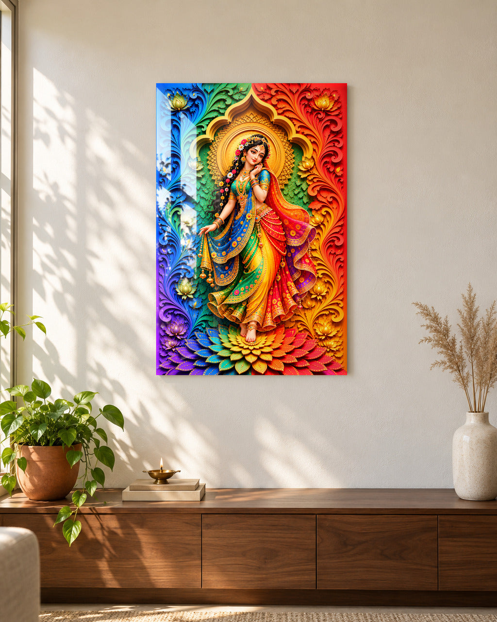 Rainbow Radha acrylic wall art, on a sunlit living-room wall above a console