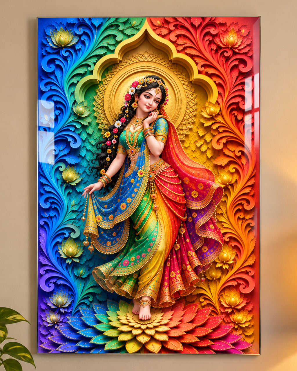 Close-up of Rainbow Radha acrylic wall art