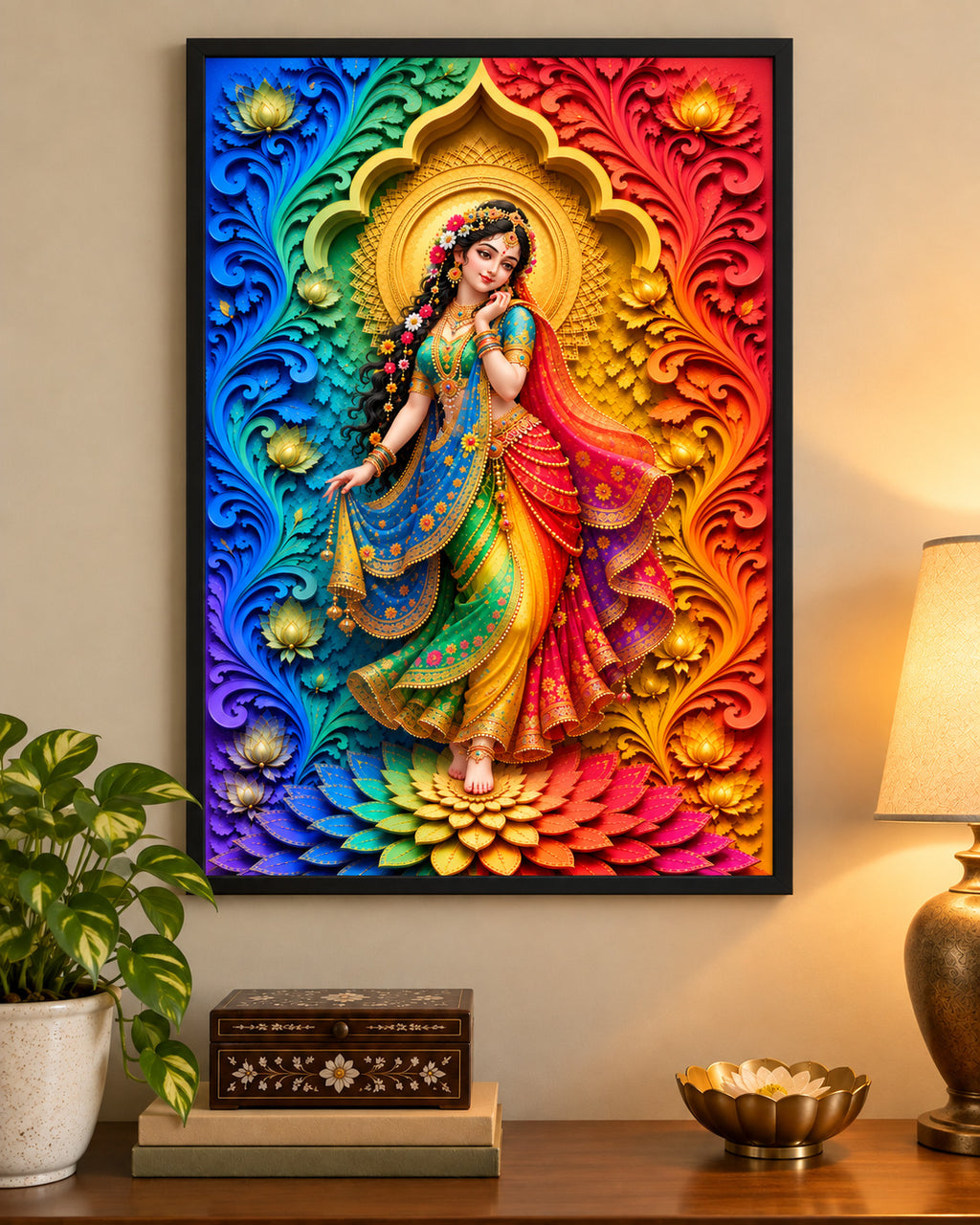 Rainbow Radha poster in a black frame