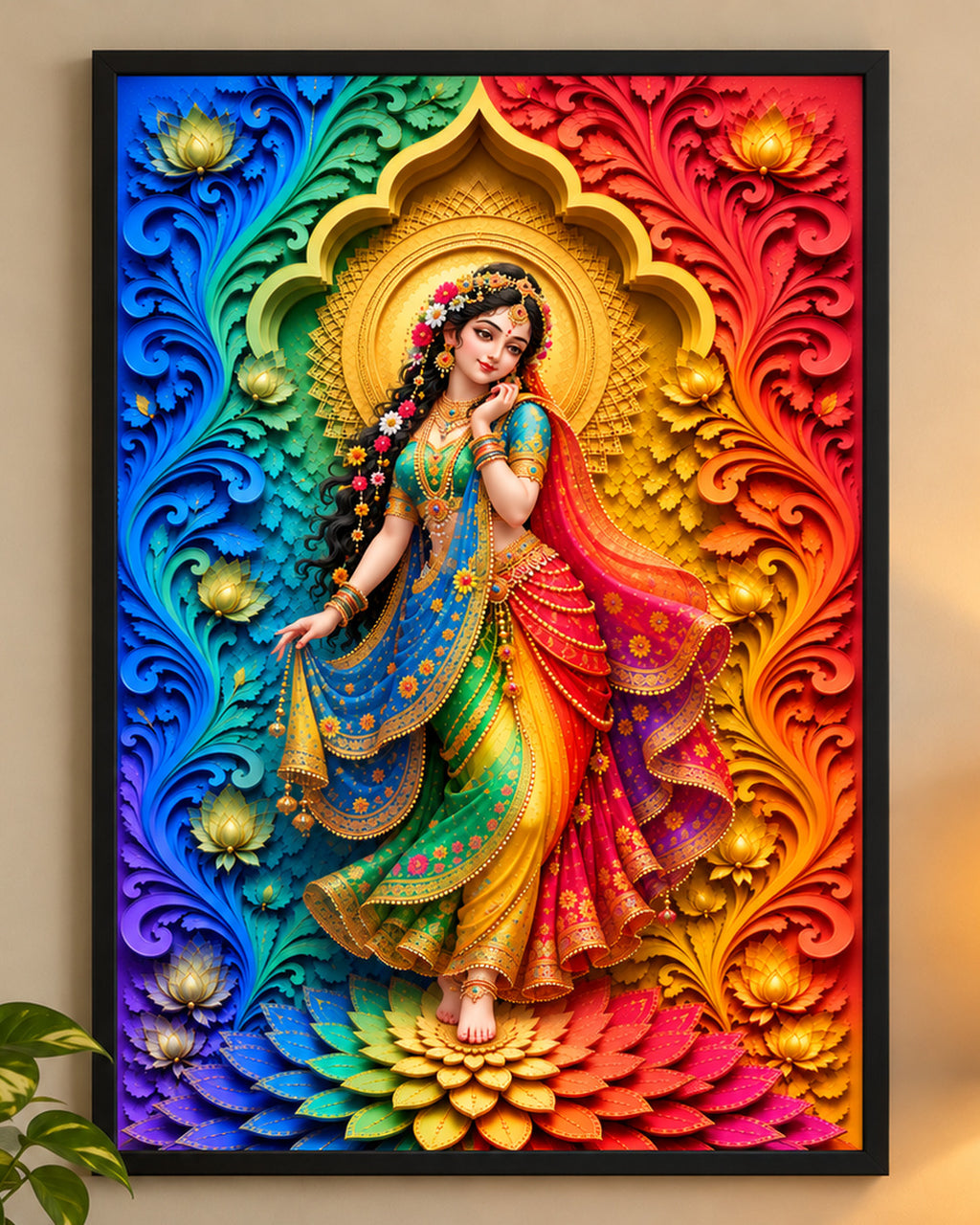 Close-up of Rainbow Radha poster in a black frame