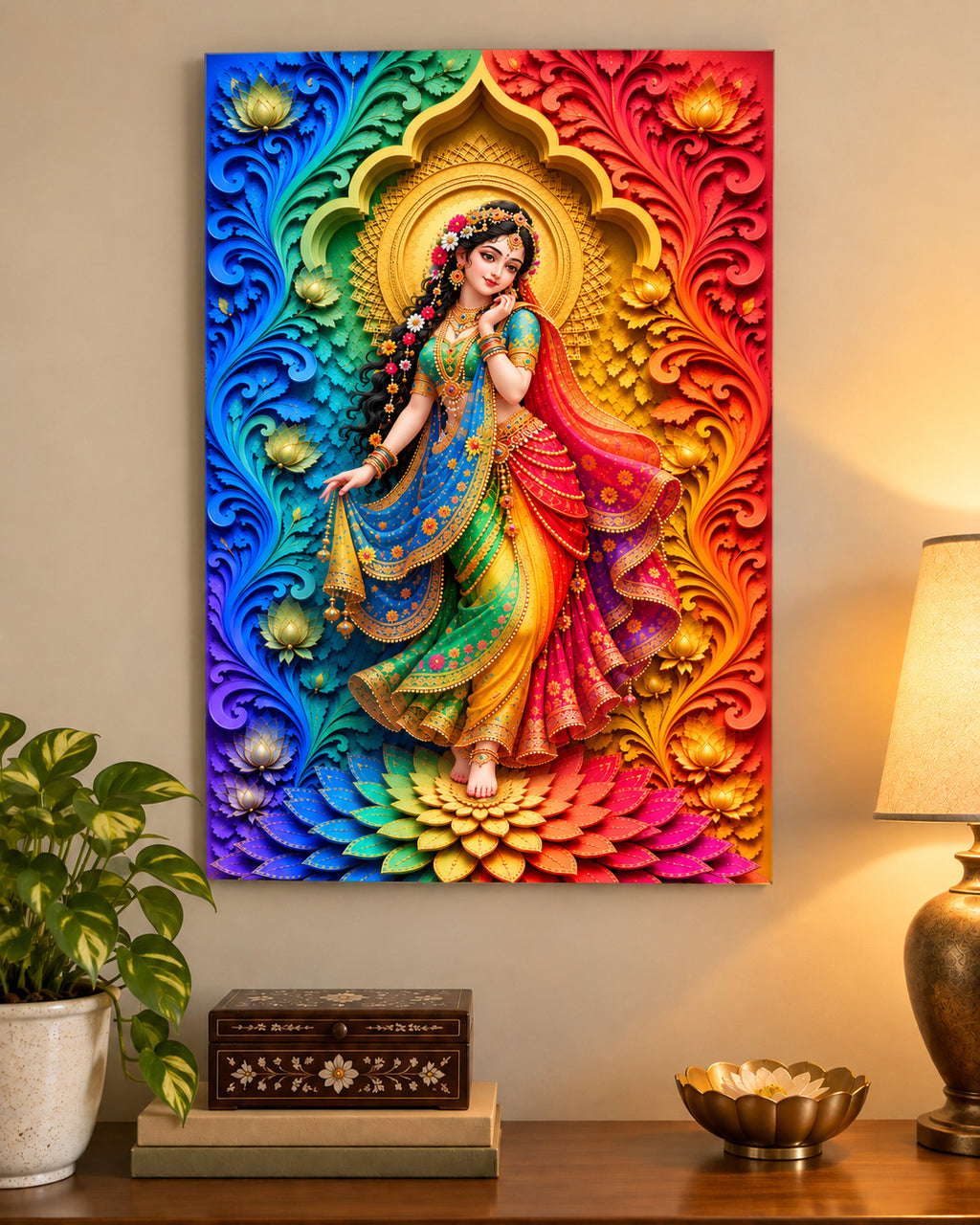Rainbow Radha unframed poster on a wall