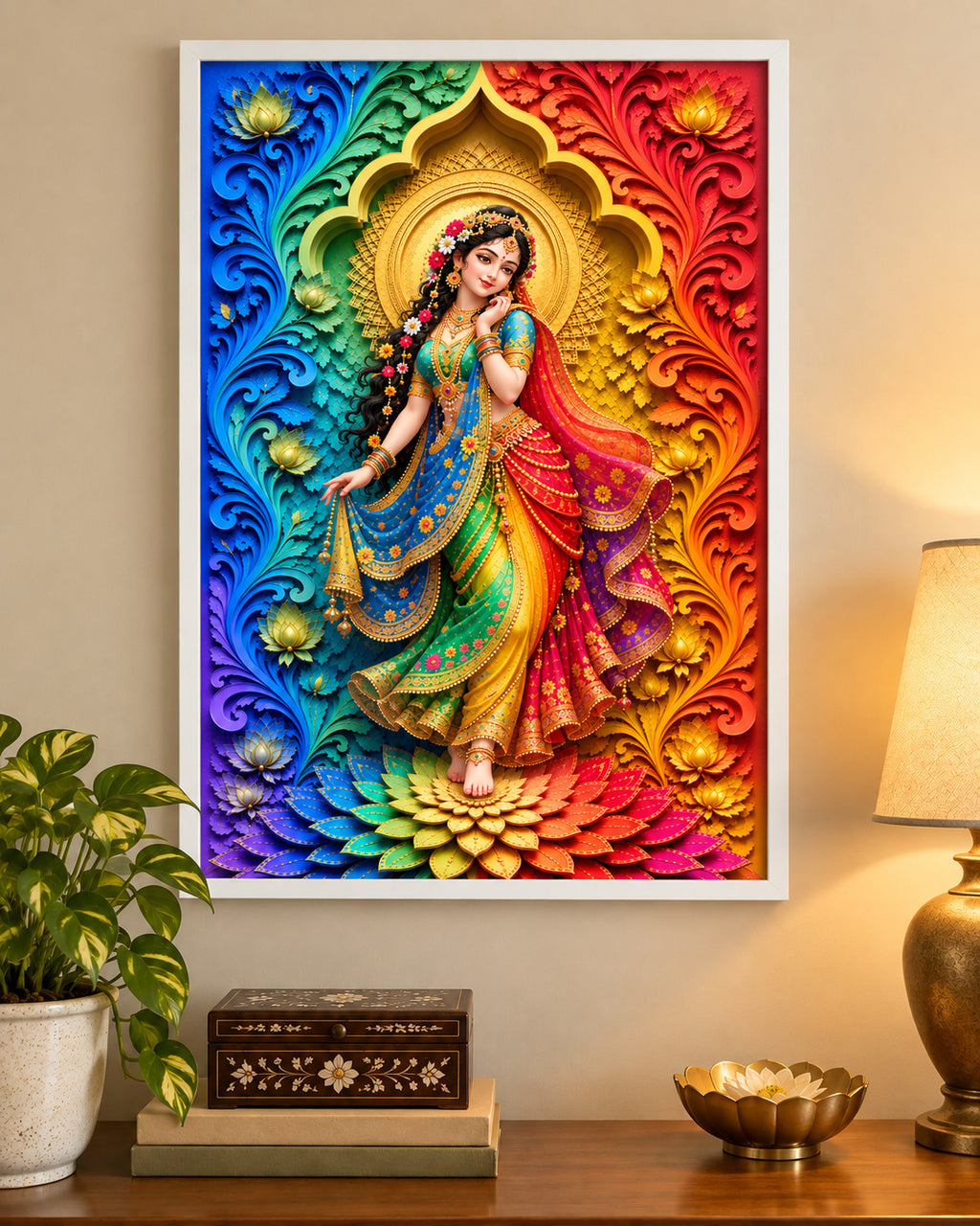 Rainbow Radha poster in a white frame