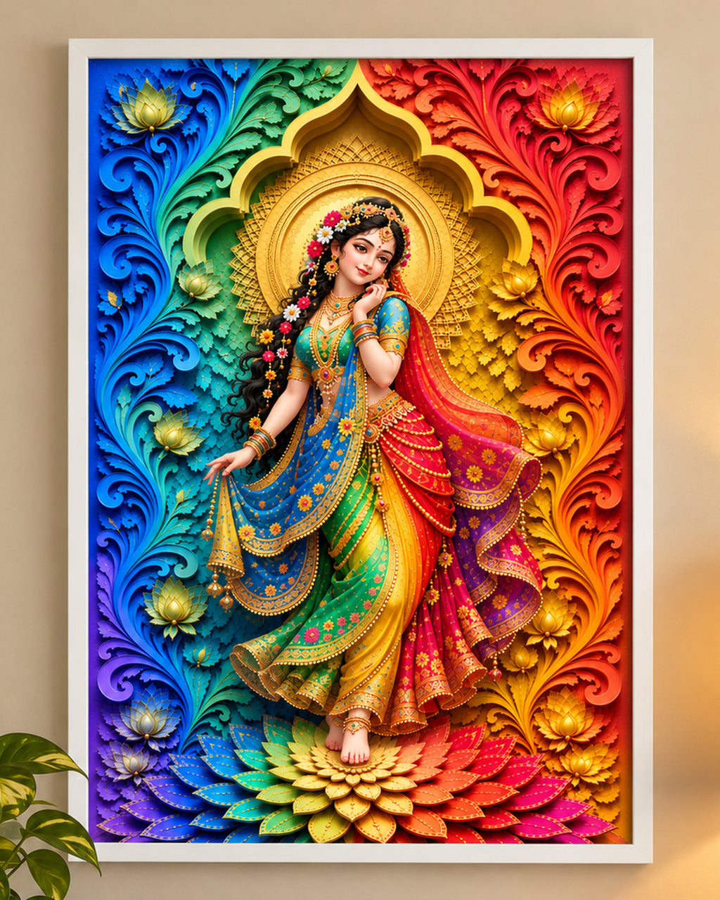 Close-up of Rainbow Radha poster in a white frame