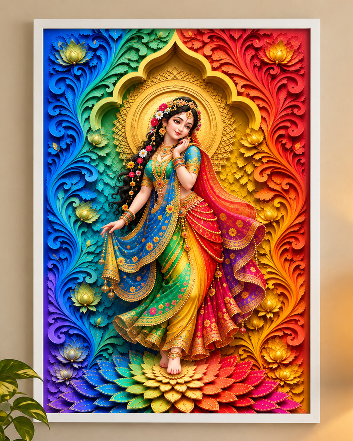 Close-up of Rainbow Radha poster in a white frame