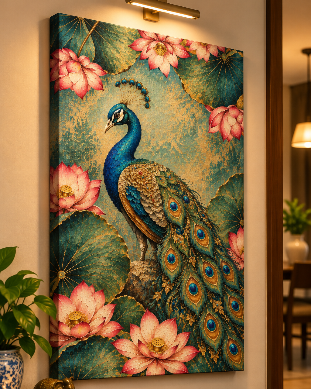 Regal Lotus Peacock canvas under a brass picture light above a wooden console