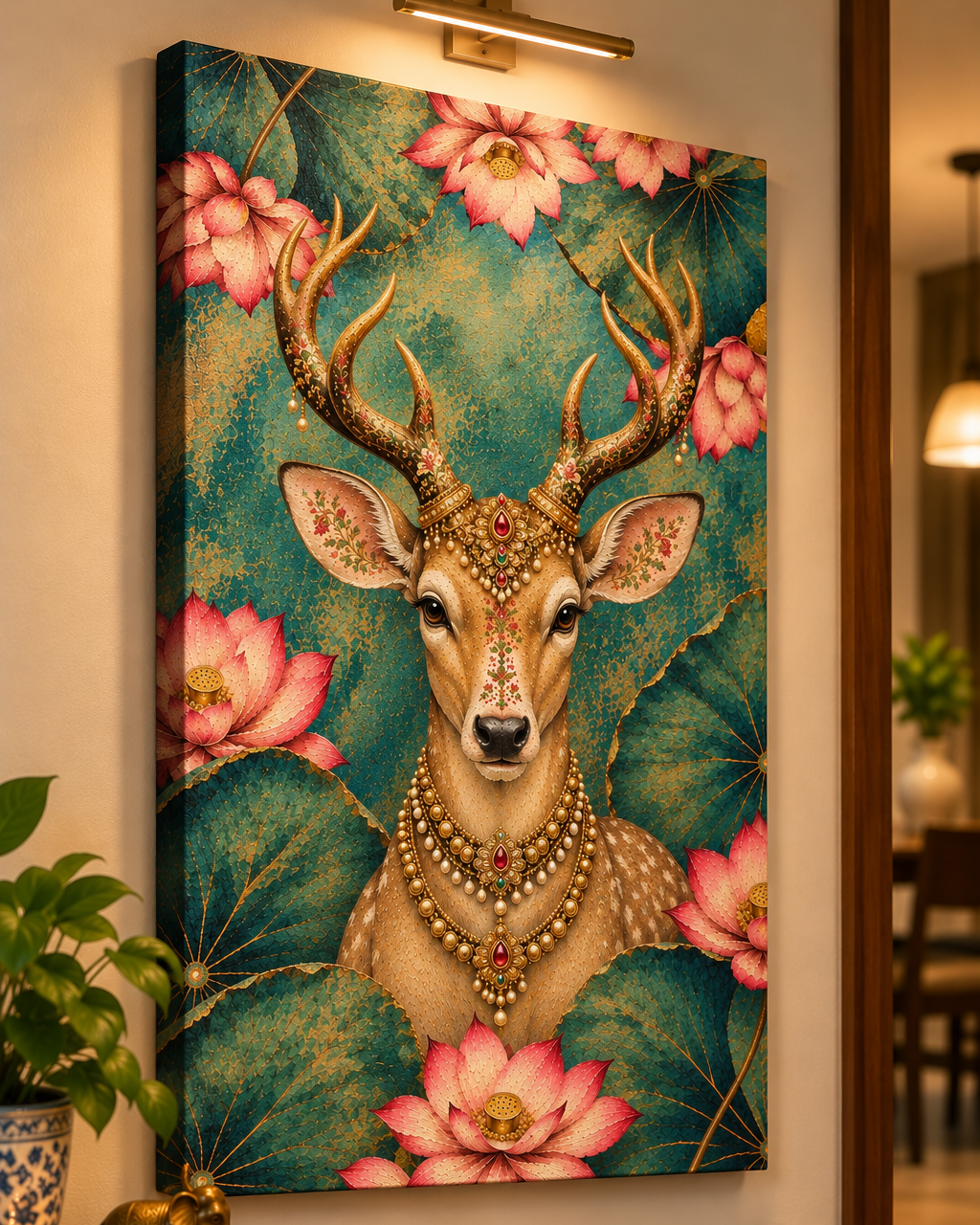 Regal Lotus Stag canvas under a brass picture light above a wooden console