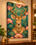 Regal Lotus Stag canvas on a beige wall in a warm, lamp-lit hallway